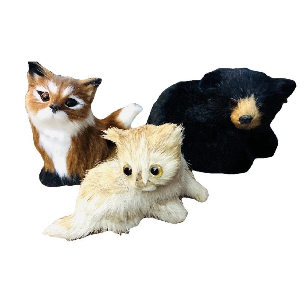 Vintage Woodland Animal Figurines Set Fox Bear Kitten Cottagecore Cabin Decor - Picture 2 of 7